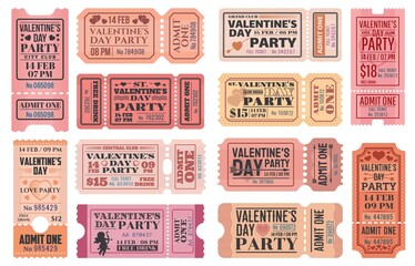 Valentines Day party ticket vector templates with love holiday Cupids, red hearts, arrows and bows. Romantic event admit one coupons, admission cards and invitation retro design