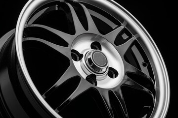 sporty alloy wheel, black with polishing, with thin spokes, side view close-up