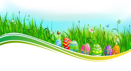 Easter eggs on green wave of grass and flowers, religion holiday vector banner. Easter egg hunt spring field with grass blades, blooming herbs and flying butterflies, daffodils and chamomiles