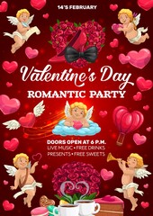 Valentines Day party vector poster with Cupids, hearts and love holiday gifts. Red rose flowers, chocolate cake and candies, Amur angels with bows and arrows, heart shaped ballon and floral wreath