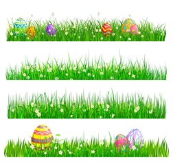 Easter eggs hunting, green grass with decorated eggs and chamomile flowers isolated cartoon vector borders set. green grass blades field. Easter hunt decoration element with spring blossoms on lawn