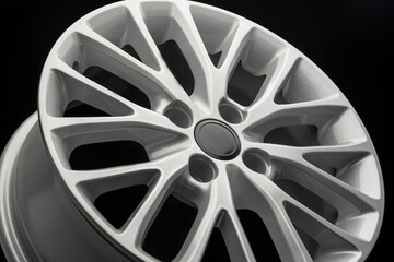 silver new alloy wheel for car, side view close-up