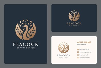 peacock brach  logo design with business card for beauty salon, spa, wellness, meditaion, massage.