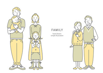 simple and  stylish hand drawn illustration, 3 generation  family