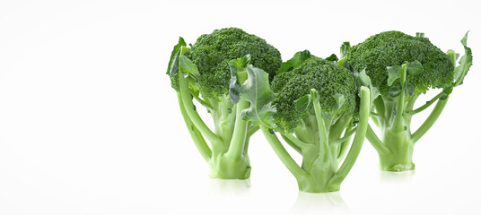 Three fresh broccoli isolated on white background