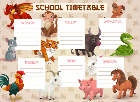 Kids school timetable with Chinese zodiac animals cartoon characters. Lessons, New Year planner with cute dragon, monkey and dog, rat, tiger and ox, snake, cock and goat, pig, hare and horse vector