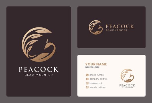 peacock bird logo design with business card for beauty salon, spa, wellness, meditaion, massage.