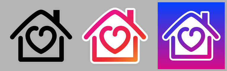 Set of stay home icons with house frame and torn heart inside.