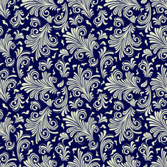 Seamless blue background with beige pattern in baroque style. Vector retro illustration. Ideal for printing on fabric or paper for wallpapers, textile, wrapping. 