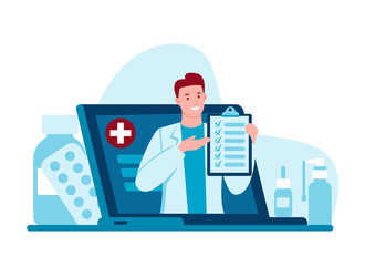 Internet doctor. Telemedicine. Doctor's consultation via the Internet with a doctor. Medicine and healthcare concept. Online medical care for patients. Vector illustration in flat cartoon style.