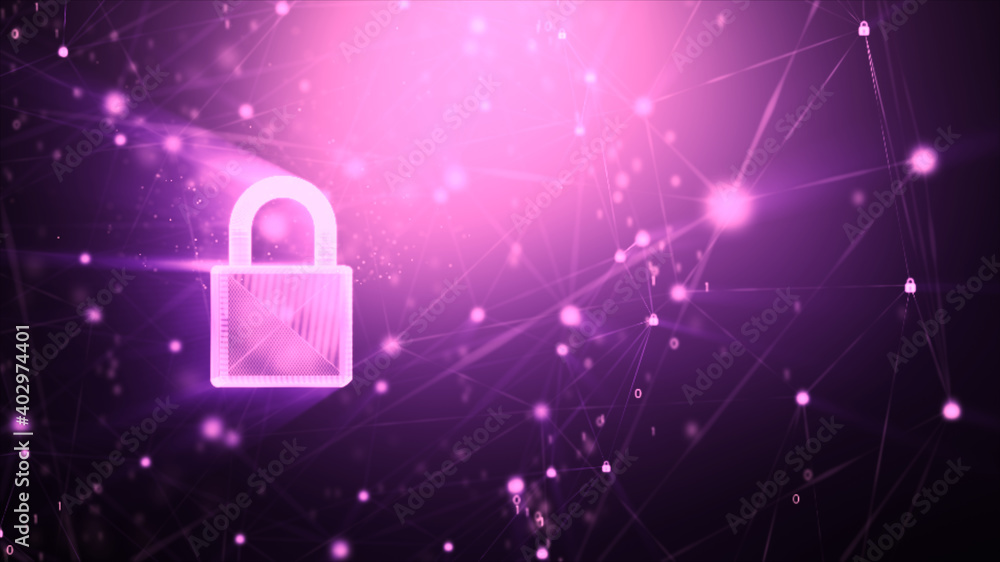 Poster 3d padlock with connection line, with lighting shallow depth of field and glitter effect, against 0 