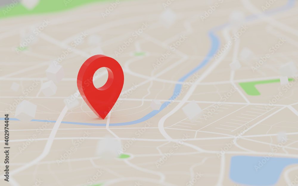 Poster 3d rendering red gps pinpoint of destination on the map, for navigator and route for travel concept,