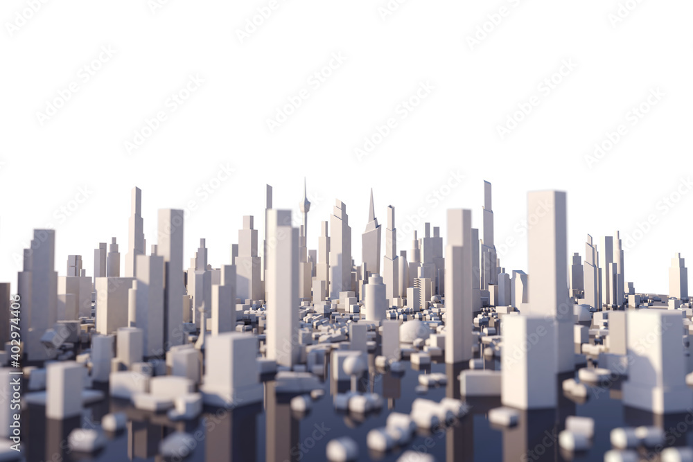 Poster 3d rendering white city, cityscape with building house and street with shallow depth of field effect