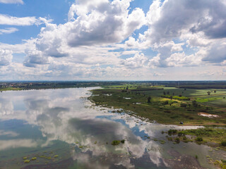 Drone shot aerial view scenic landscape of river reservoir dam and the forest