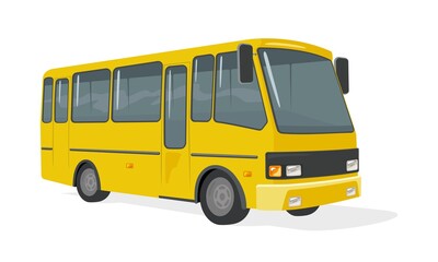 Yellow big bus with comfortable seats, runs on city routes. Vector urban transportation, regular transfer, bus driver, modern vehicle design isolated on white background