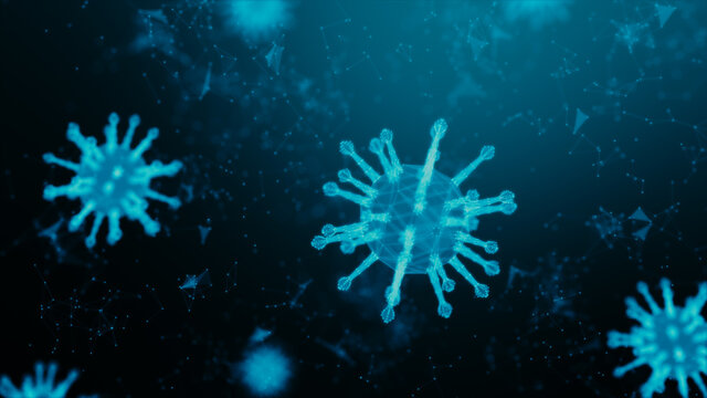 3D Rendering wireframe virus for Covid-19 Coronavirus outbreak concept,  virus 2019-ncov flu outbreak, 3D medical of floating influenza virus cells in microscopic view, World pandemic risk concept