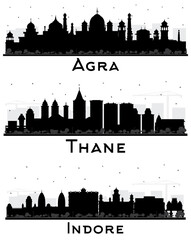 Indore, Thane and Agra India City Skyline Silhouettes Set.