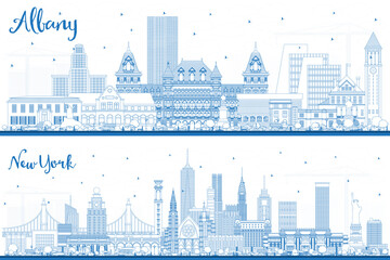 Obraz premium Outline Albany and New York City Skylines Set with Blue Buildings.