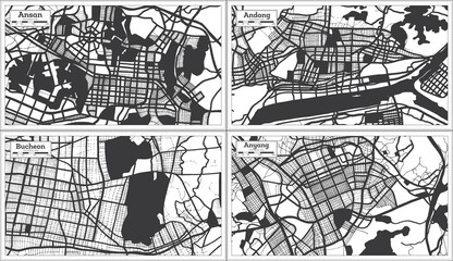 Bucheon, Andong, Anyang and Ansan South Korea City Maps Set in Black and White Color in Retro Style.