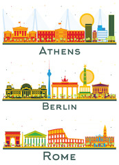 Rome Italy, Berlin Germany and Athens Greece City Skylines Set with Color Buildings Isolated on White.