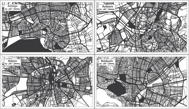 Adana, Ankara, Balikesir and Antalya Turkey City Maps Set in Black and White Color.