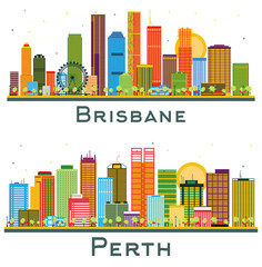 Brisbane and Perth Australia City Skyline Set. - obrazy, fototapety, plakaty