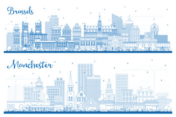 Outline Brussels Belgium and Manchester New Hampshire City Skylines Set. - obrazy, fototapety, plakaty