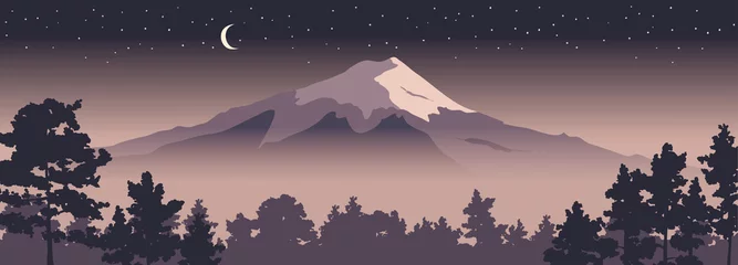 Peel and stick wall murals Aubergine Abstract landscape with mount fuji / Vector illustration, narrow background, starlight night, japanese landscape with pine trees in the foreground. EPS 10.