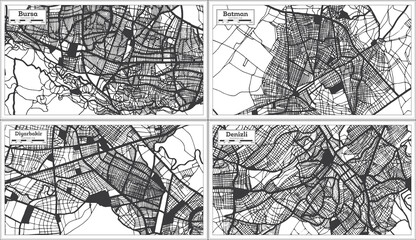 Diyarbakir, Batman, Denizli and Bursa Turkey City Maps Set in Black and White Color in Retro Style.