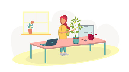 Fototapeta premium Girl sprays plants at home. Growing flowers in a flowerpot on the table. Online gardening training. Vector. Concept