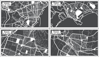 Brescia, Cagliari, Ferrara, Catania Italy City Maps Set in Black and White Color in Retro Style.