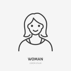 Woman flat line icon. Vector outline illustration of lady avatar. Black color thin linear sign for default simple profile - obrazy, fototapety, plakaty