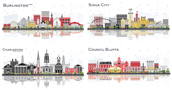 Charleston South Carolina, Sioux City, Council Bluffs and Burlington Iowa Skylines Set.