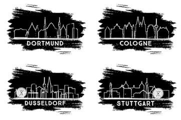 Dusseldorf, Cologne, Stuttgart and Dortmund Germany City Skyline Silhouettes Set. Hand Drawn Sketch.