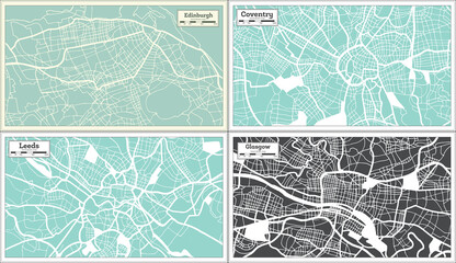 Leeds, Coventry, Glasgow and Edinburgh Great Britain (United Kingdom) City Maps Set in Retro Style.