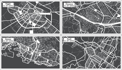 Genoa, Florence, Forli, Foggia Italy City Maps Set in Black and White Color in Retro Style.