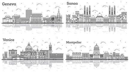 Outline Venice Italy, Sanaa Yemen, Montpelier Vermont and Geneva Switzerland City Skylines Set.