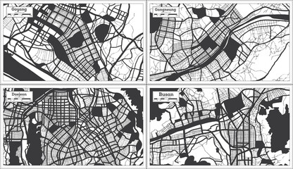 Daejeon, Gangneung, Busan and Goyang South Korea City Maps Set in Black and White Color in Retro Style.
