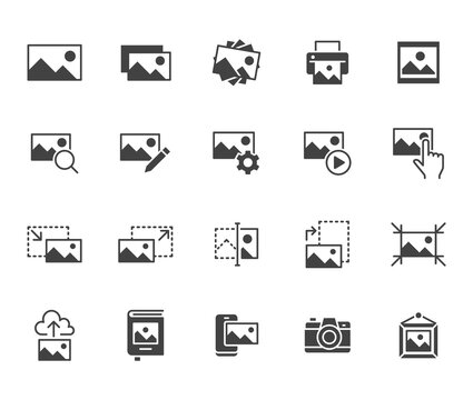 Photo flat icon set. Image gallery, picture frame, printer, file resize, camera black minimal silhouette vector illustrations. Simple glyph signs for photos editor application