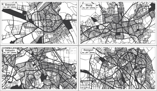 Eskisehir, Elazig, Esenyurt and Erzurum Turkey City Maps Set in Black and White Color in Retro Style.