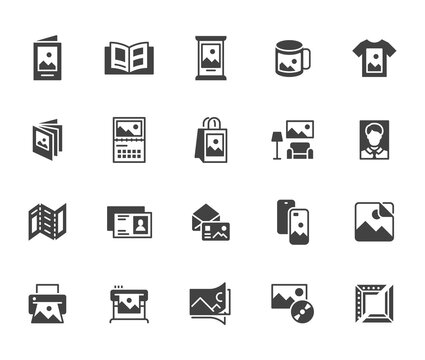 Photo printing flat icon set. Brand identity printed on products like brochure, banner, mug, plotter black silhouette vector illustrations. Simple glyph signs for polygraphy