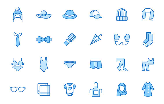 Clothing accessory line icon set. Bow tie, handkerchief, woman hat, sunglasses, umbrella, hijab minimal vector illustrations. Simple outline signs for fashion app. Blue color, Editable Stroke