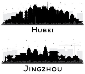 Jingzhou and Hubei Province in China. City Skyline Silhouettes Set.