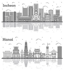 Outline Hanoi Vietnam and Incheon South Korea City Skylines Set with Modern Buildings and Reflections Isolated on White.