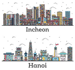 Outline Incheon South Korea and Hanoi Vietnam City Skylines Set with Color Buildings Isolated on White.