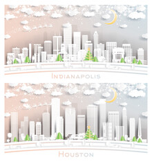 Houston Texas and Indianapolis Indiana USA City Skyline Set.