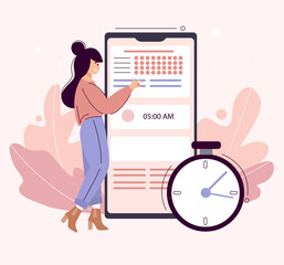 Naklejka na ściany i meble Day planning concept. Young woman standing next to a large smartphone with a tracker and to-do list on the screen. The girl takes notes in the planner app. Time organizer
