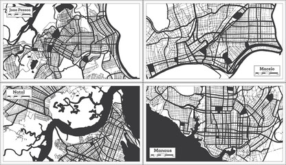 Natal, Maceio, Manaus and Joao Pessoa Brazil City Maps Set in Black and White Color in Retro Style.