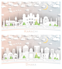 Dhaka Bangladesh and Karachi Pakistan City Skyline Set.