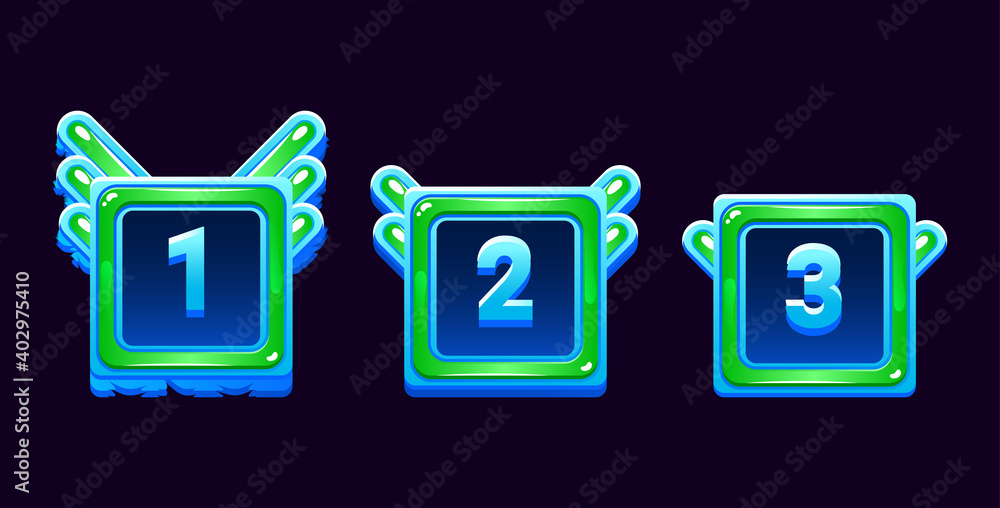 Poster set of square game ui jelly frame awards medals with grade and ice freeze border for gui asset eleme